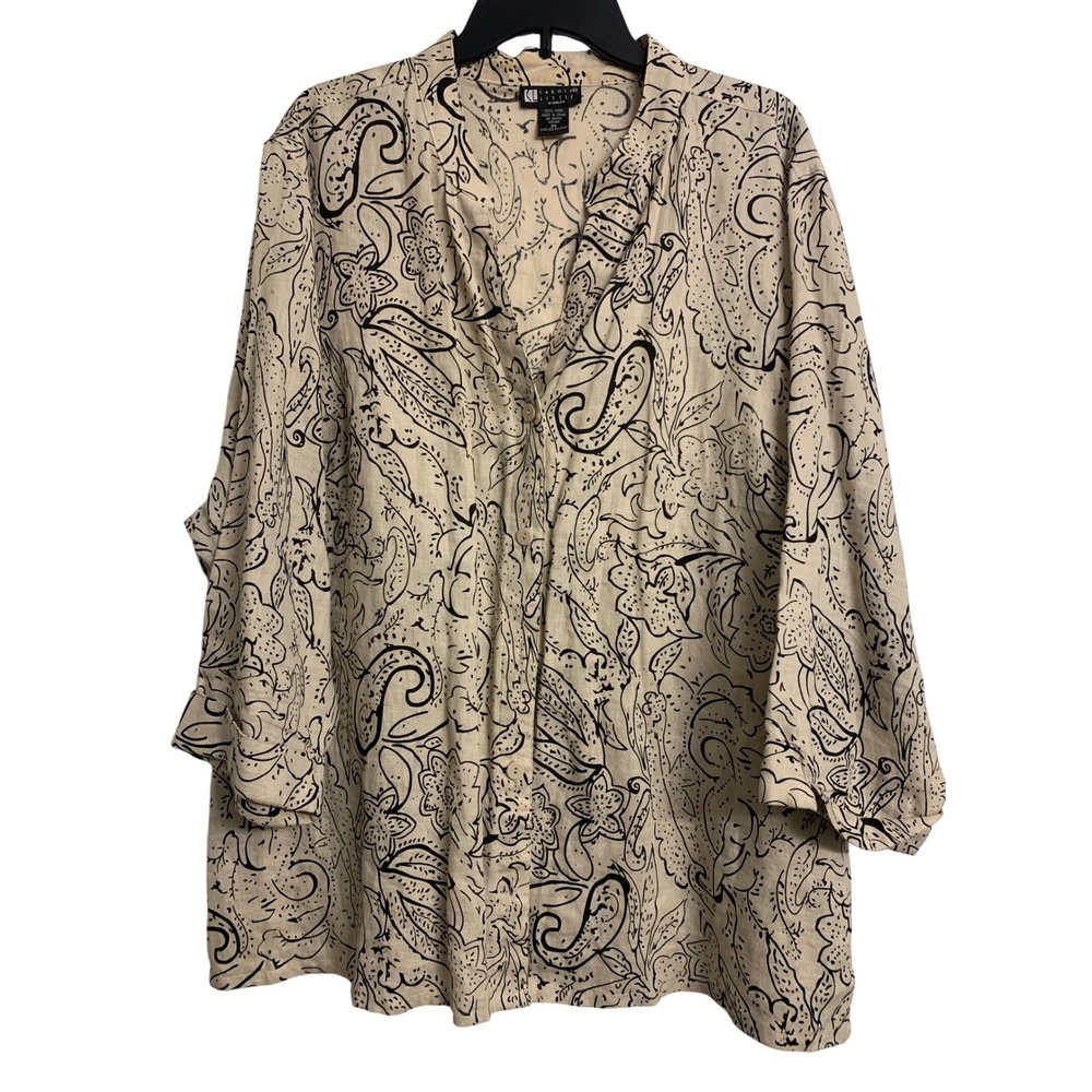 Carole Little 3X Linen Shirt‎ Artsy Paisley Coastal Grandma Beige Black